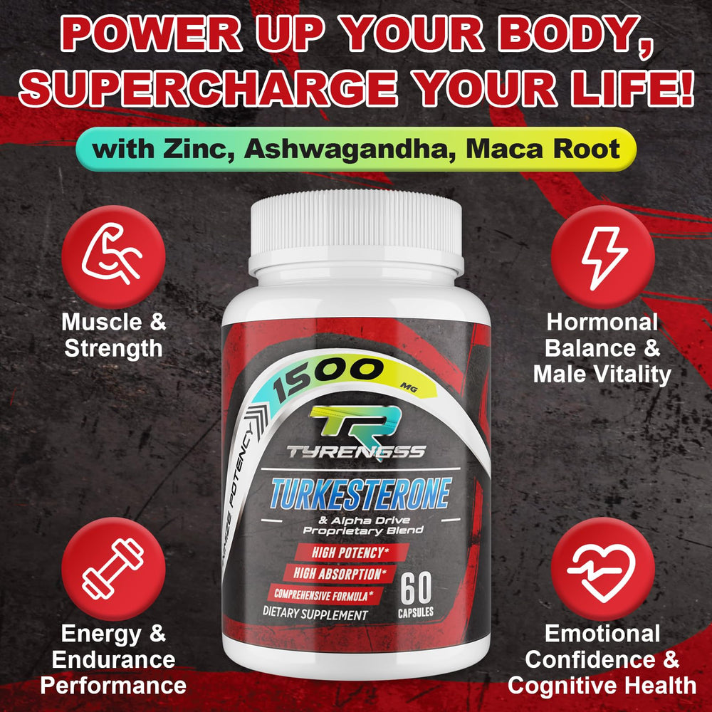 TyRengss zinc supplement bottle beside nutrition labels highlighting hormone support