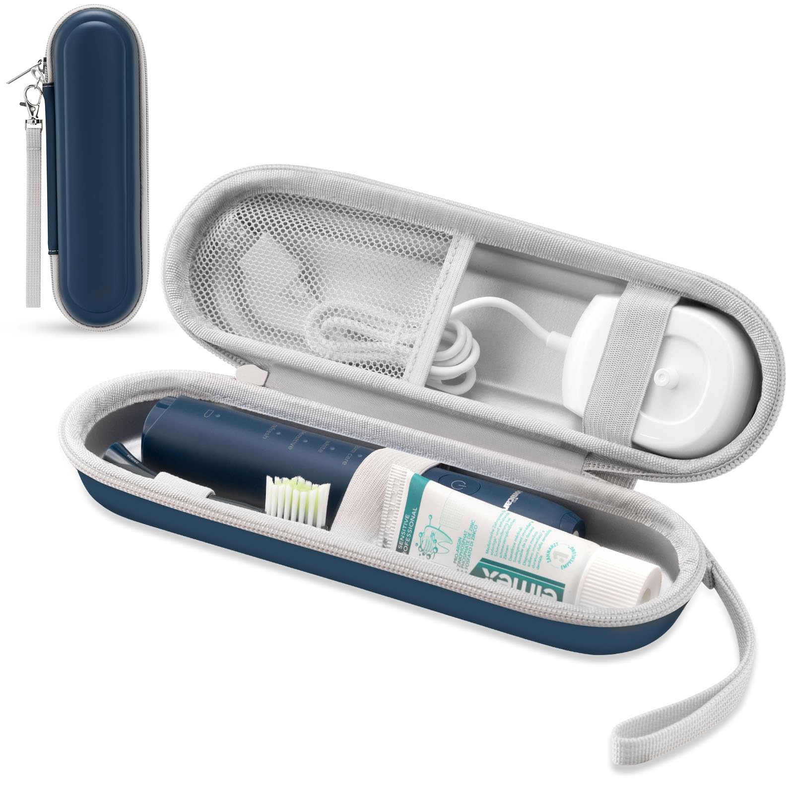 Front view of TYSORETY toothbrush travel case in deep blue