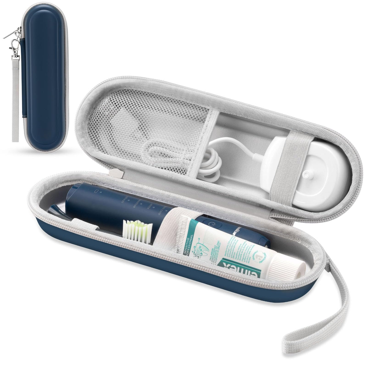Front view of TYSORETY toothbrush travel case in deep blue