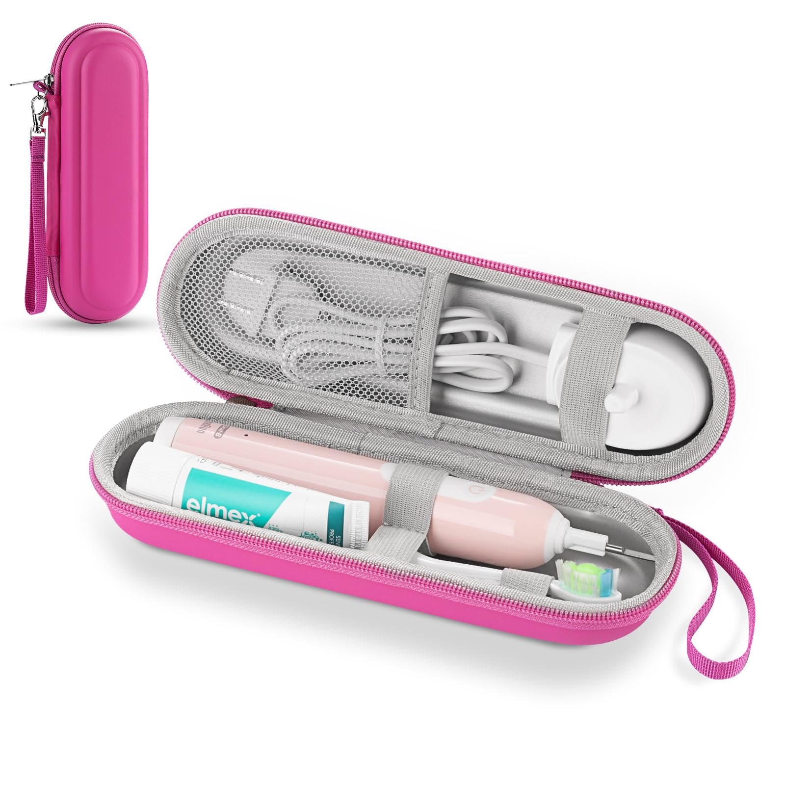 Front view of TYSORETY toothbrush travel case in pink