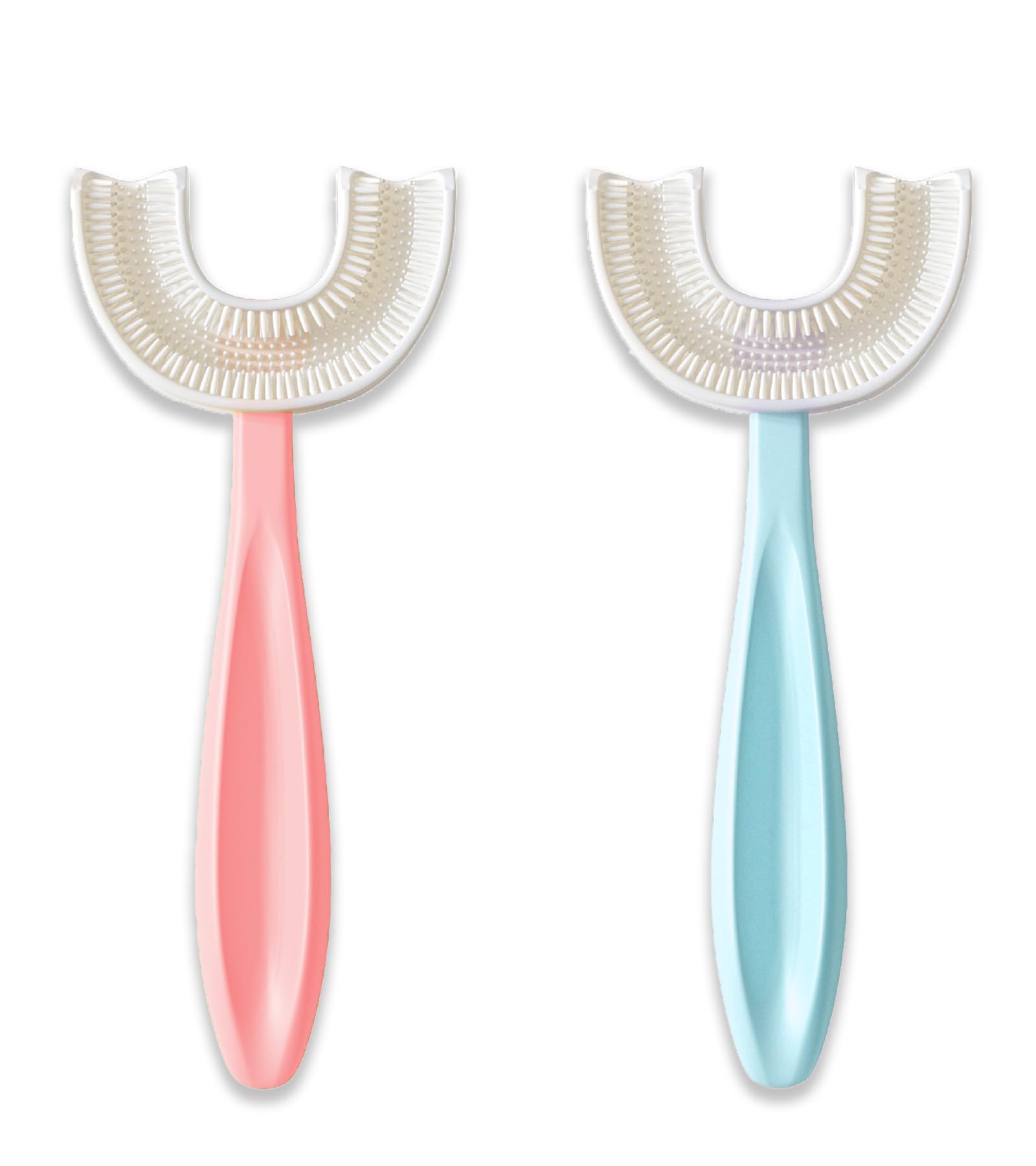 U shaped toothbrush for kids pink and blue 2 pack with travel case