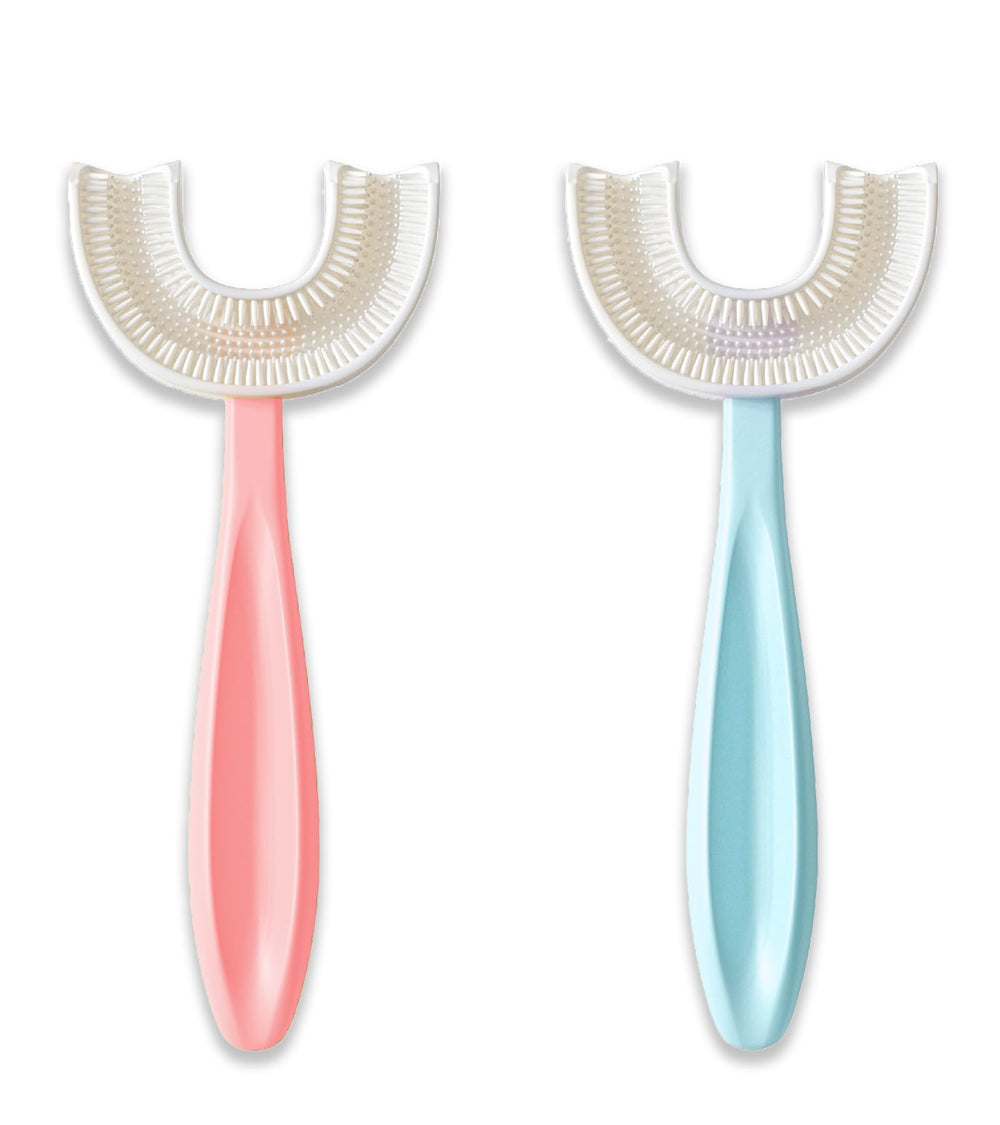 U shaped toothbrush for kids pink and blue 2 pack with travel case