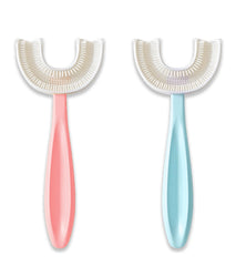 U shaped toothbrush for kids pink and blue 2 pack with travel case