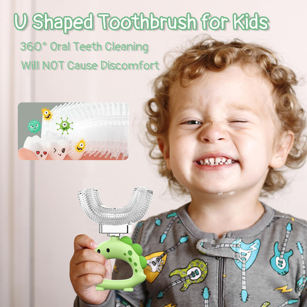 Front view of two green U-shaped toothbrushes for kids