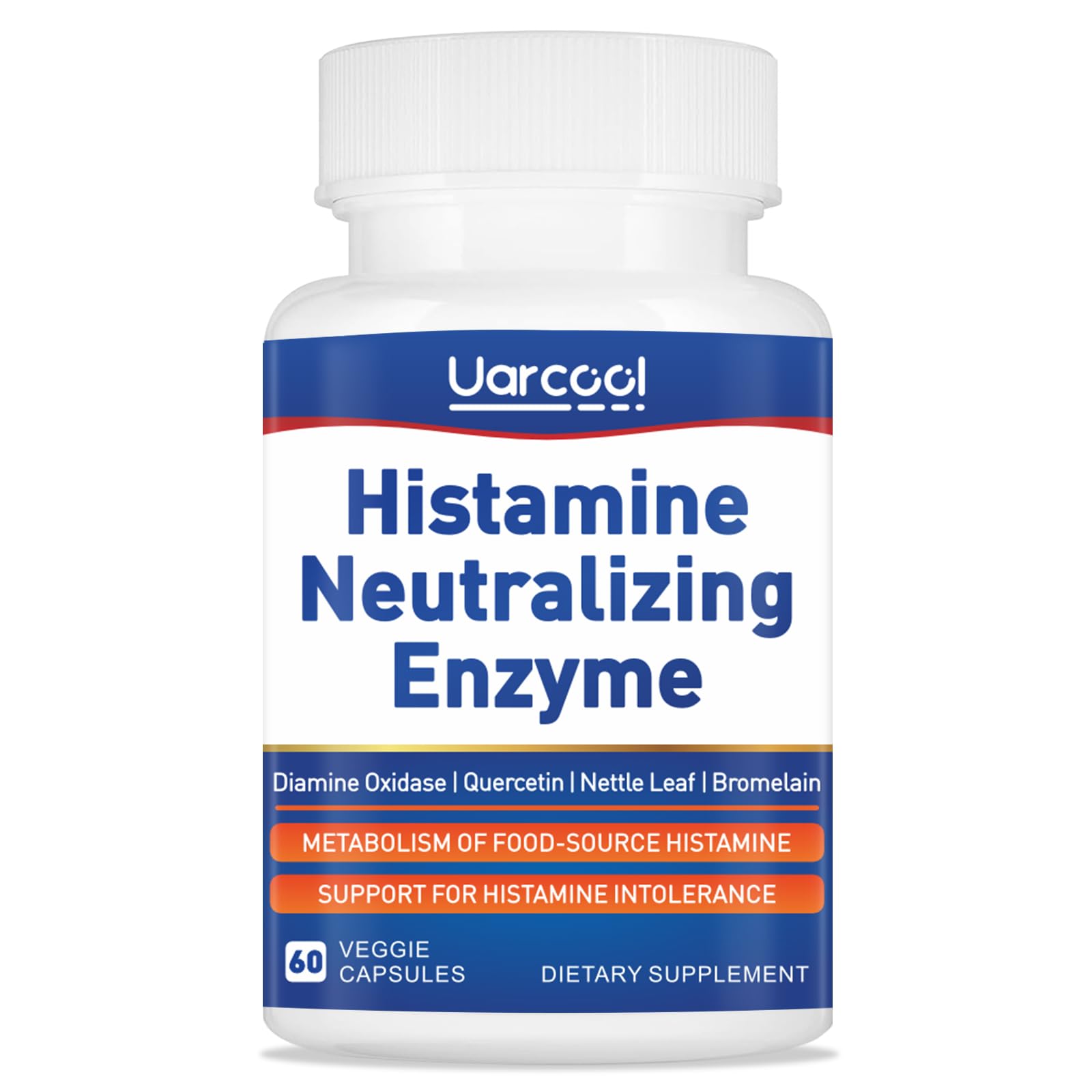 Front view of Uarcool DAO enzyme supplement bottle