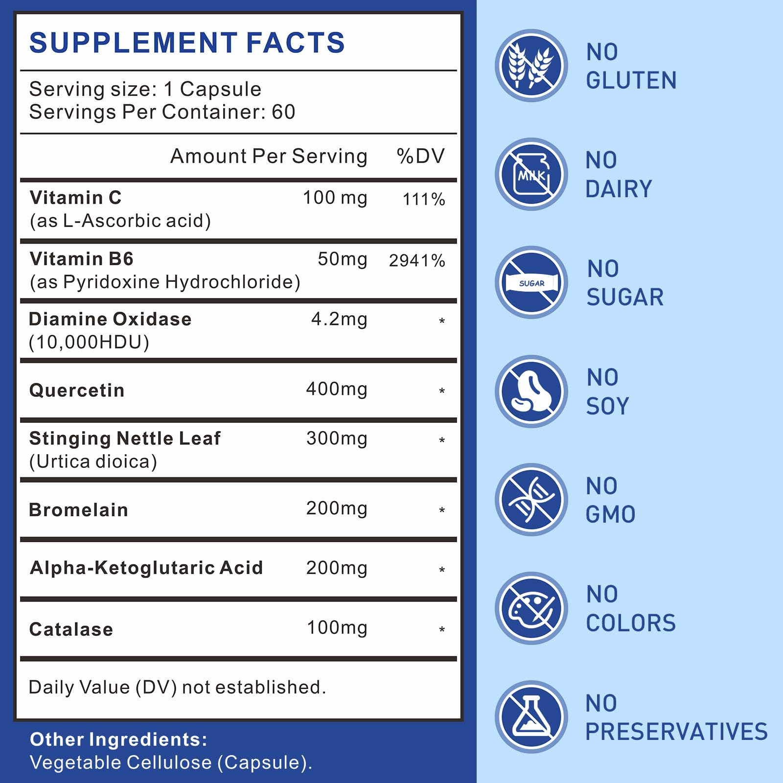 Close-up of ingredients label showing Vitamin C and Quercetin
