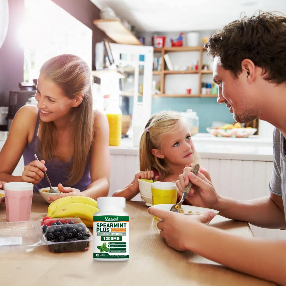 Lifestyle image with spearmint leaves and product