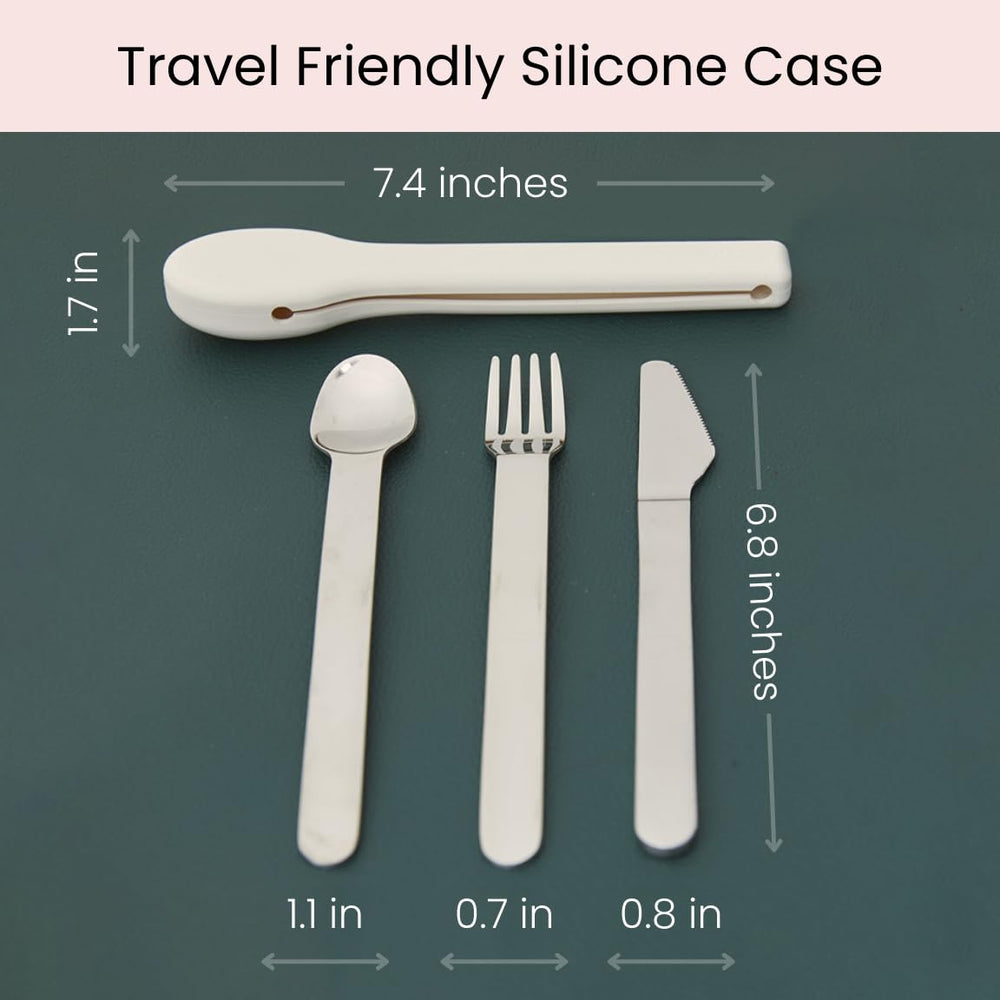 Silicone travel case opened with flatware inside