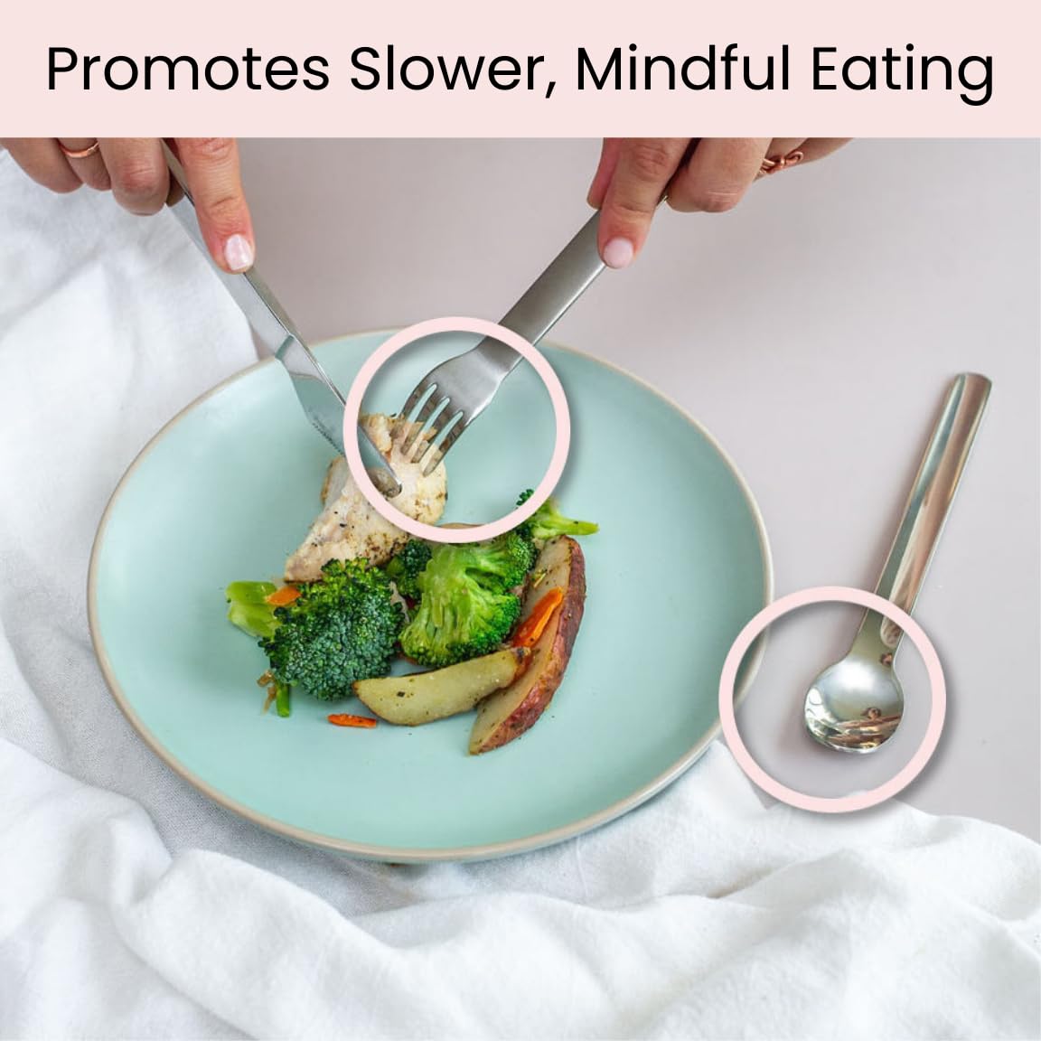 Stainless steel bariatric diet utensils laid out