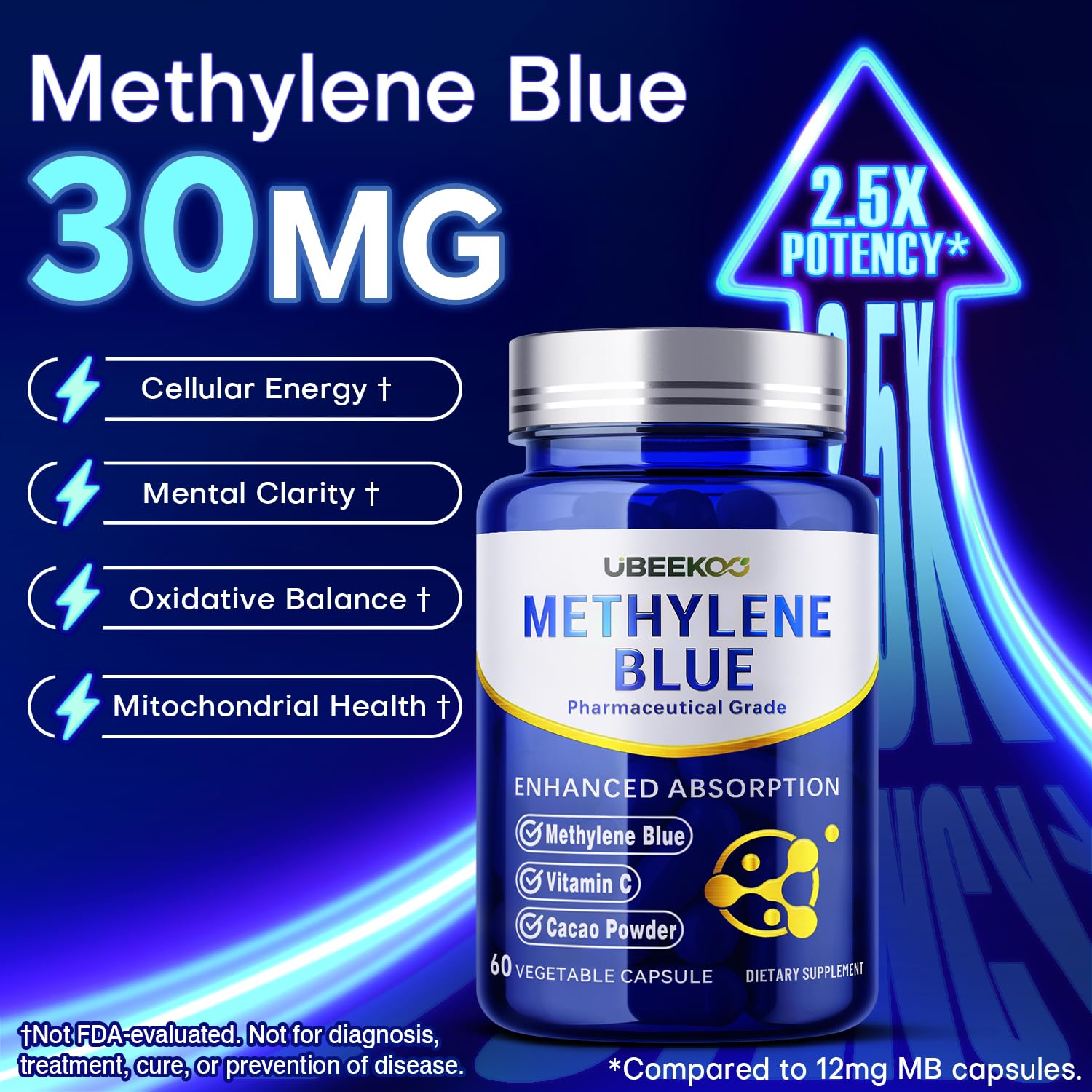 UBEEKOO 30mg Methylene Blue capsules bottle – side view