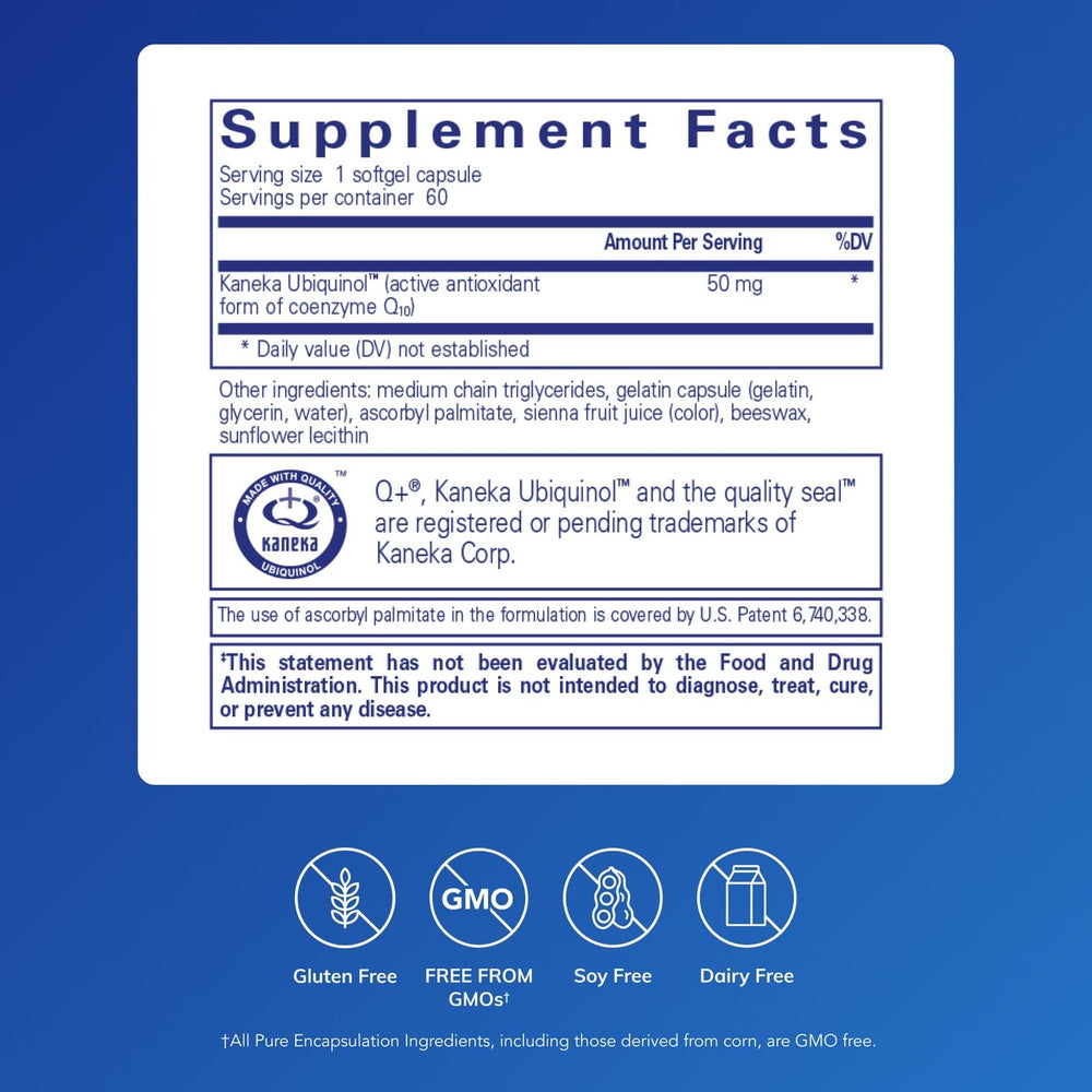 Front label of Pure Encapsulations Ubiquinol-QH 50 mg bottle
