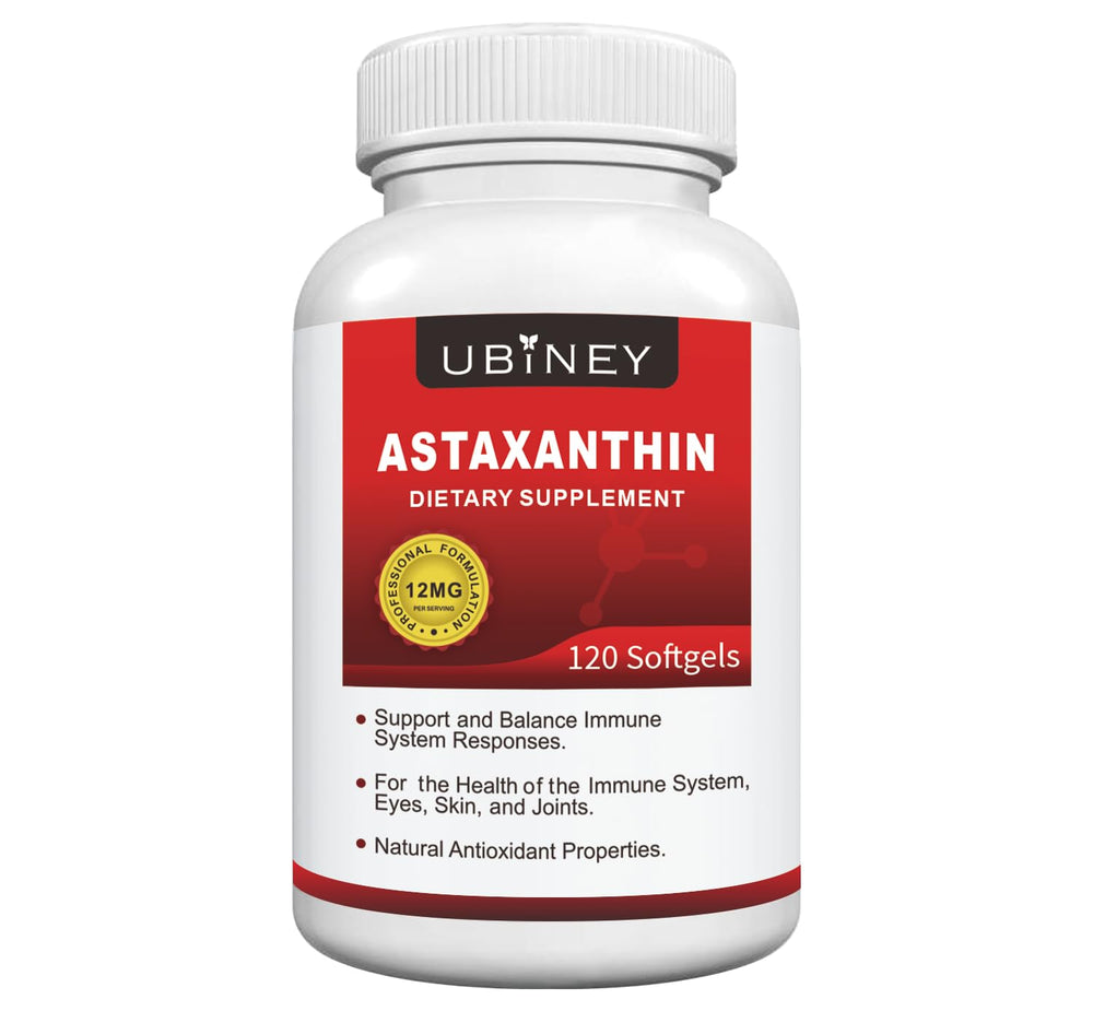 Front label of Ubiney Astaxanthin softgels bottle