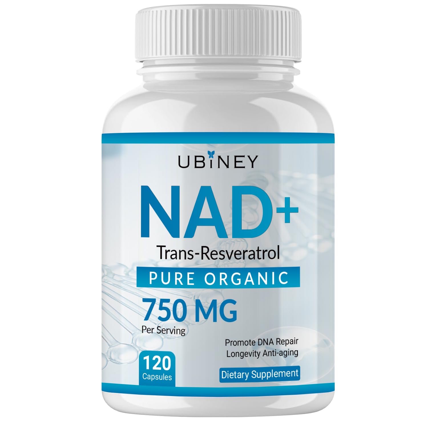 Ubiney NAD+ 750mg with Trans-Resveratrol bottle label