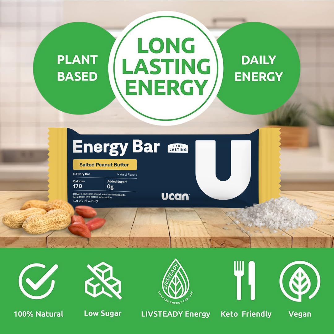 UCAN Energy Bars Salted Peanut Butter half-bar showing texture and clean, easy-to-digest ingredients.