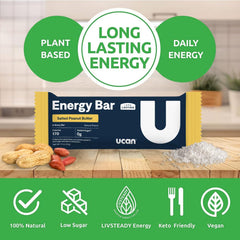 UCAN Energy Bars Salted Peanut Butter half-bar showing texture and clean, easy-to-digest ingredients.