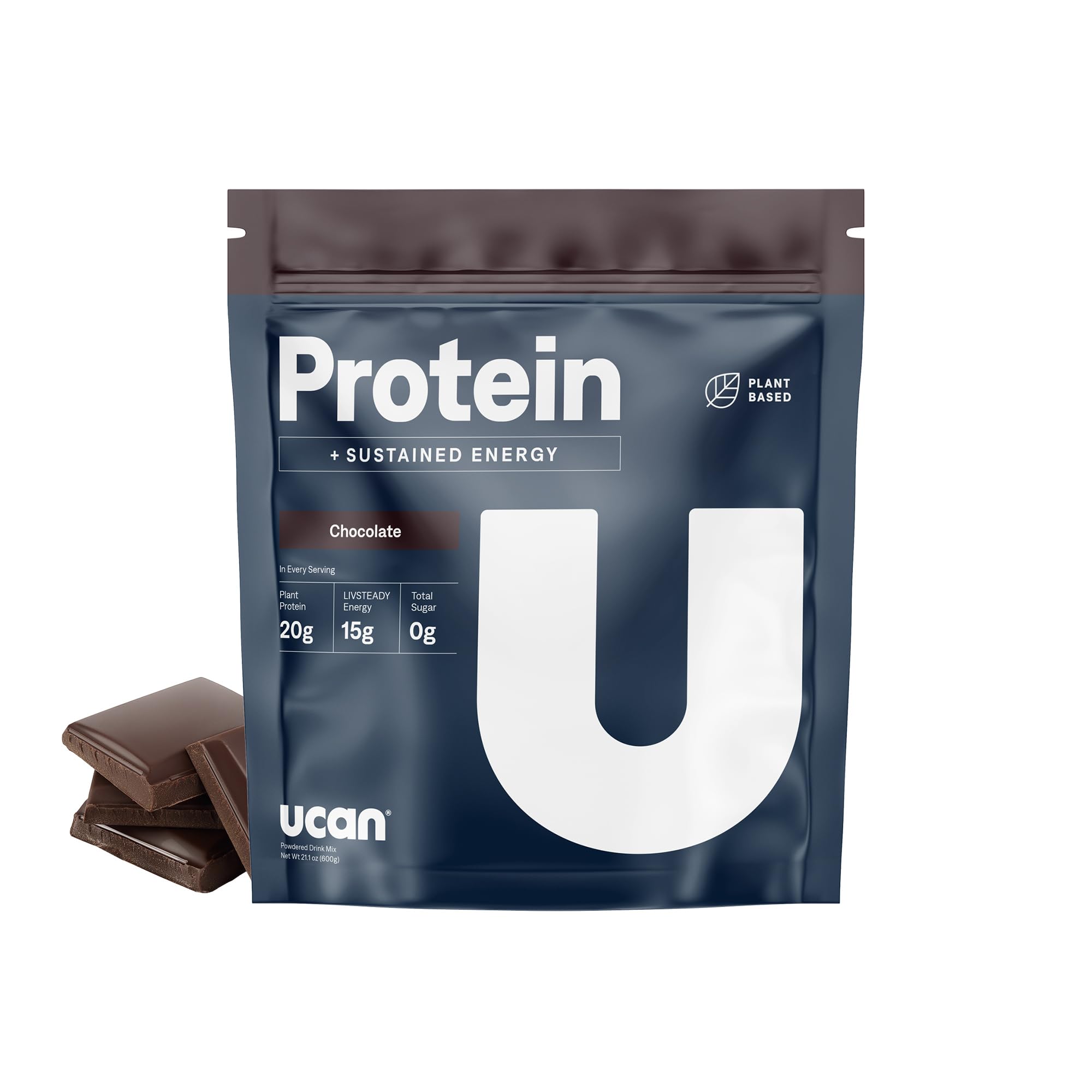 UCAN Energy + Plant Protein Powder chocolate tub front for protein-packed fueling.