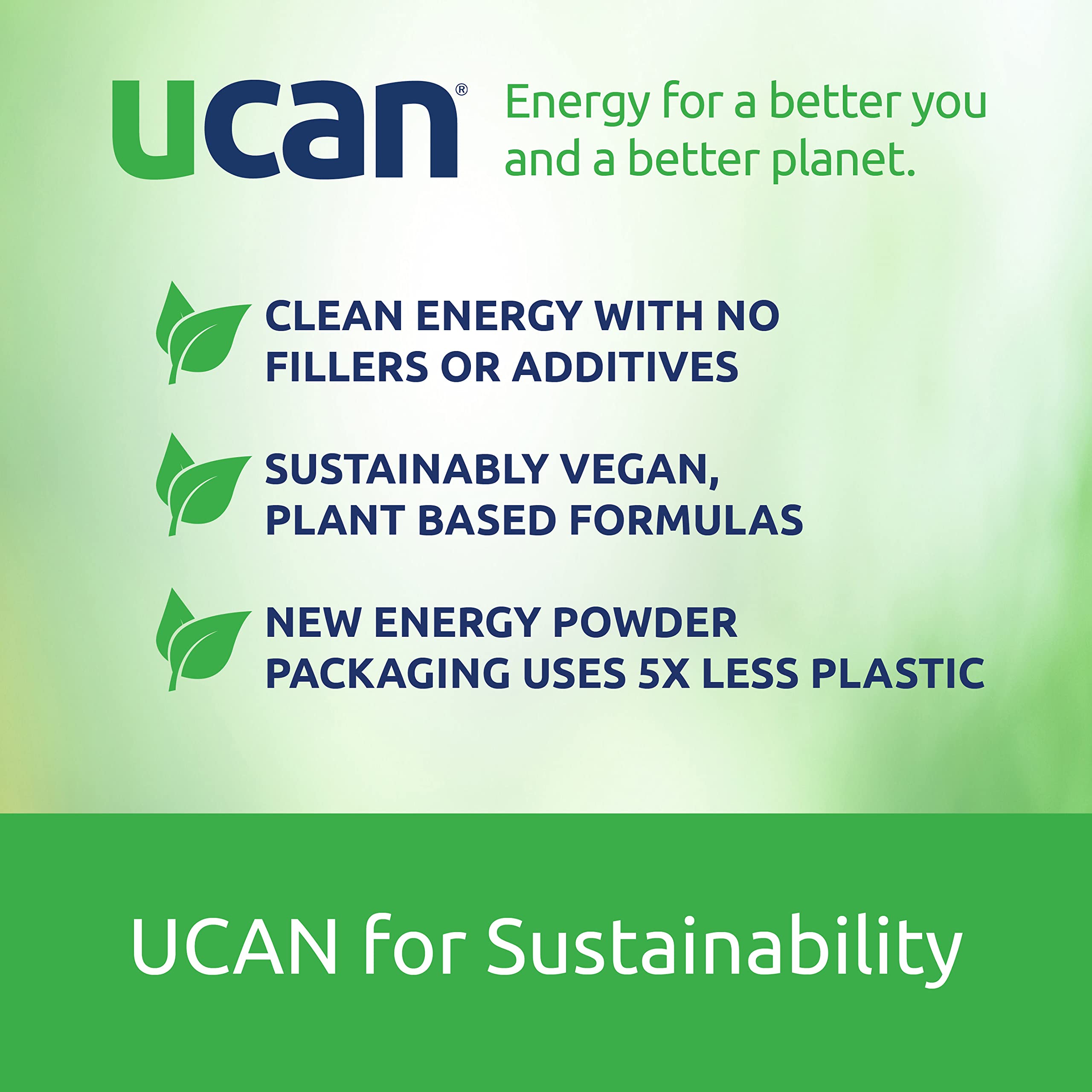 UCAN vegan protein powder serving with spoon signaling 20g protein per scoop.