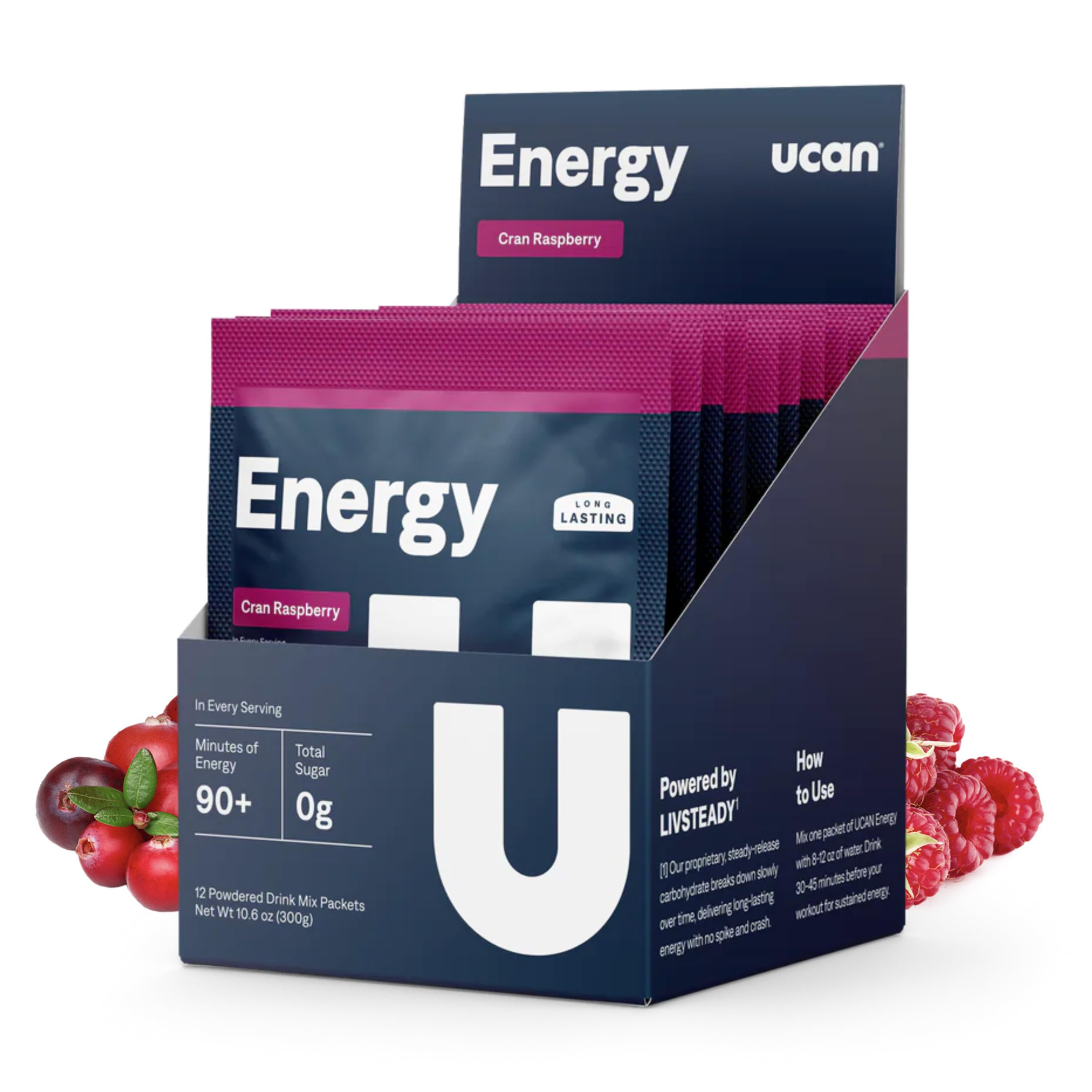 UCAN Energy Powder Cran-Raz tub showcases keto-friendly, sugar-free energy for athletes.