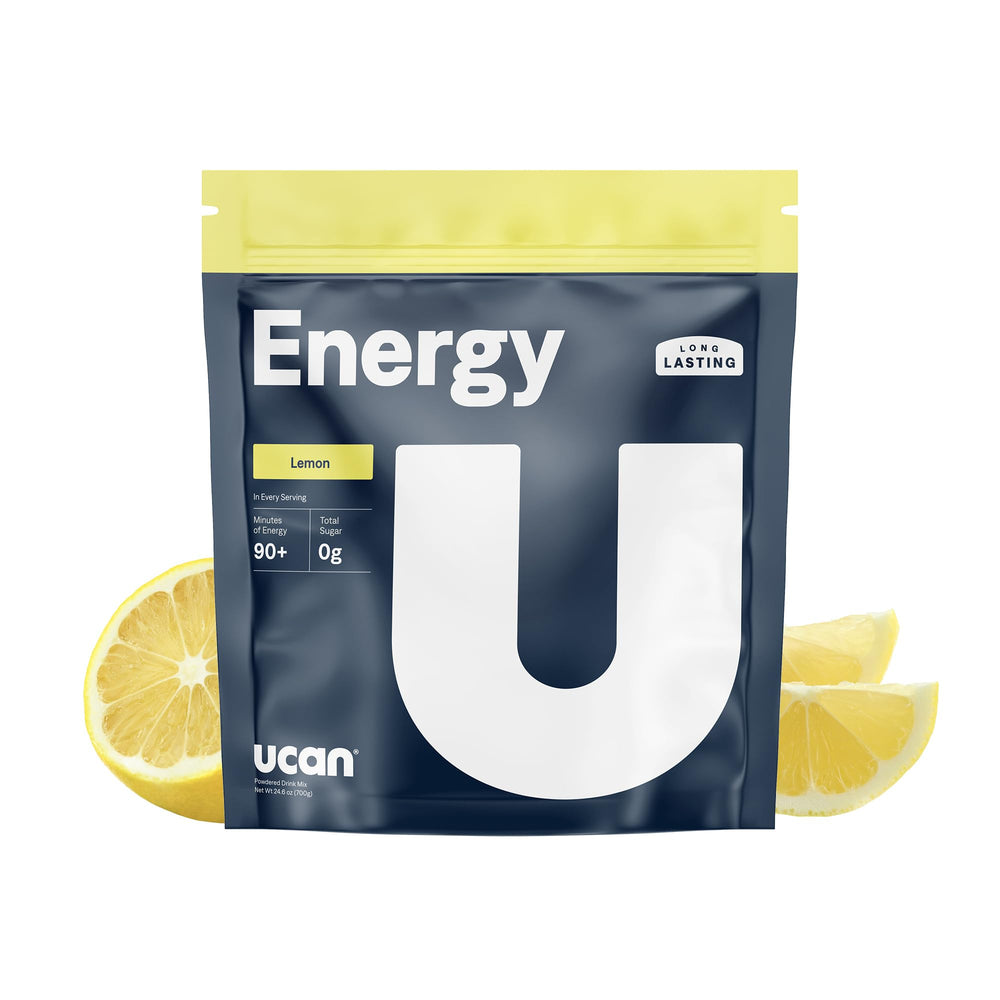 UCAN Energy Powder Lemon tub ready for mix and steady endurance during workouts