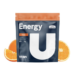 UCAN Energy Powder Tropical Orange tub close-up showing sugar-free energy