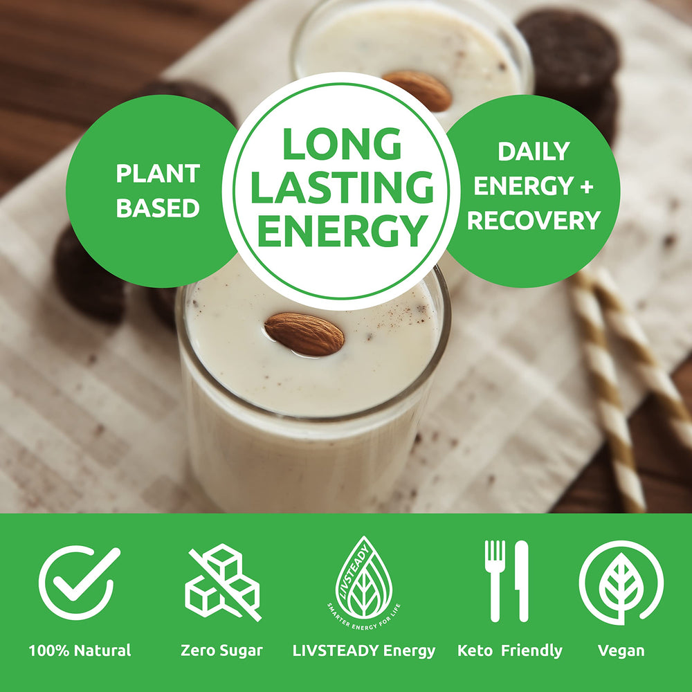 UCAN Energy + Plant Protein Powder vanilla powder in a glass for on-the-go energy