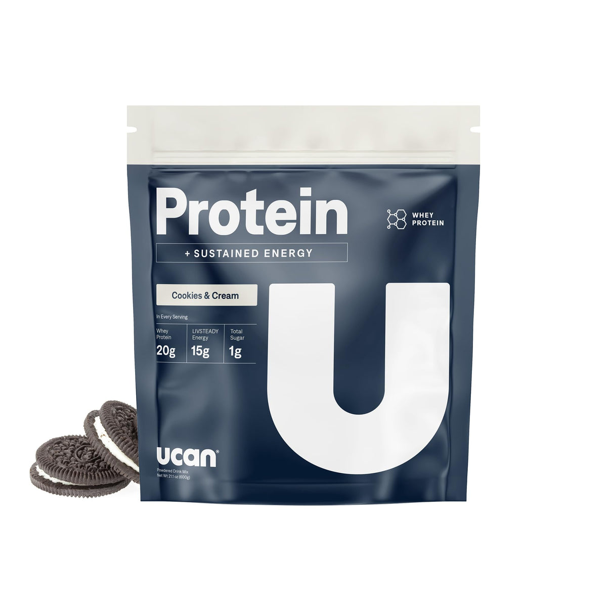 UCAN Energy + Whey powder tub front for steady workouts and clean fueling.