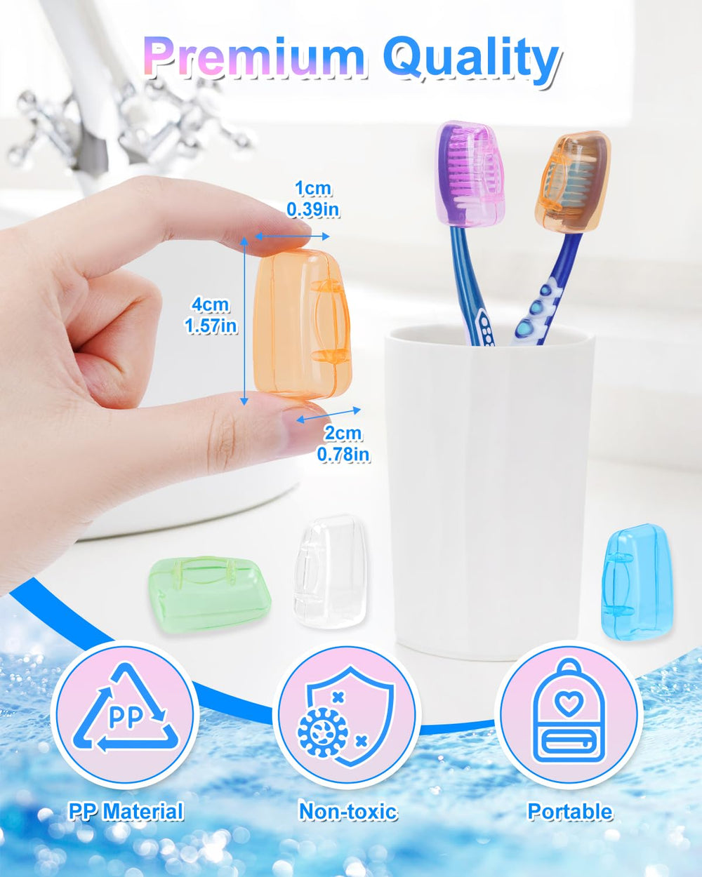 Colorful toothbrush cover caps in pink, orange, blue, green and clear