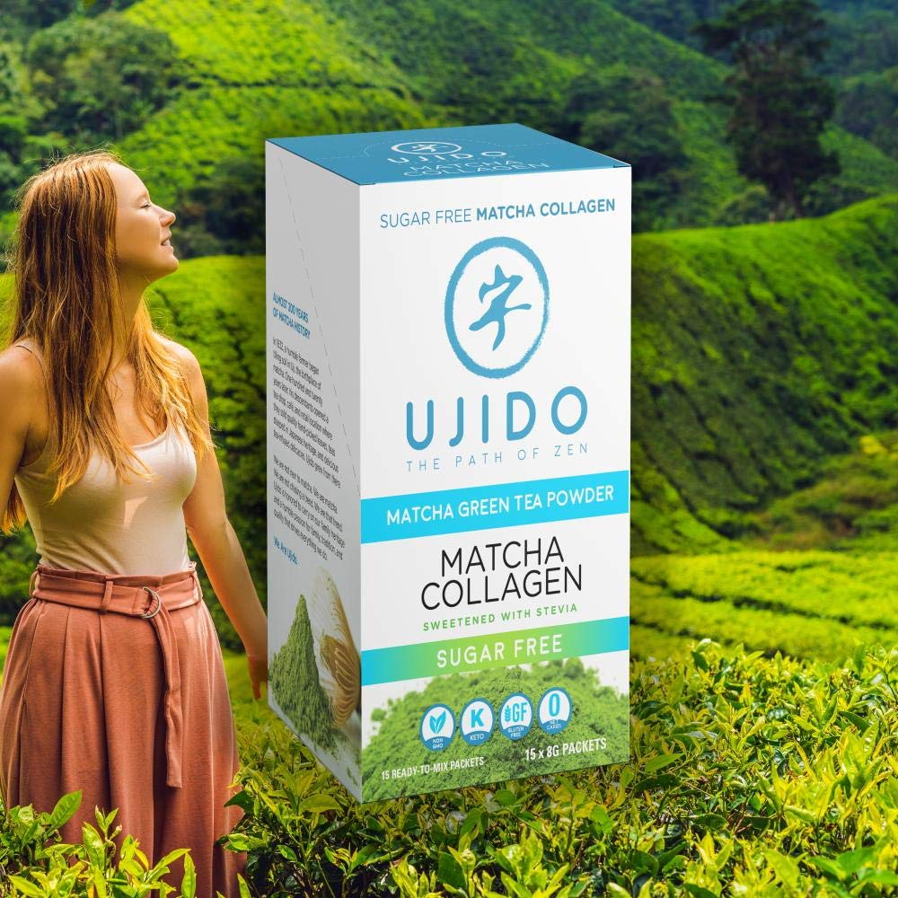 Prepared Ujido Matcha Collagen beverage in a glass