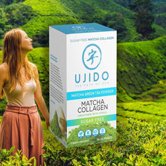Prepared Ujido Matcha Collagen beverage in a glass