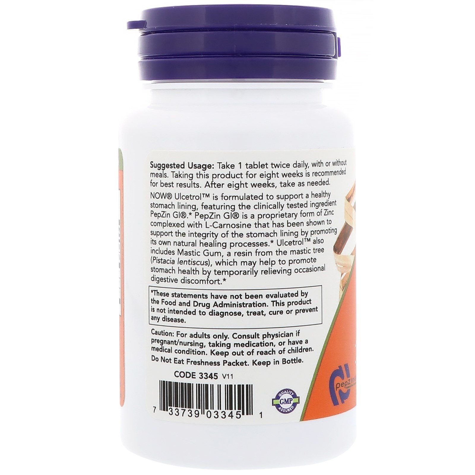 Close-up of Ulcetrol bottle with tablets and PepZin GI and Mastic Gum ingredients
