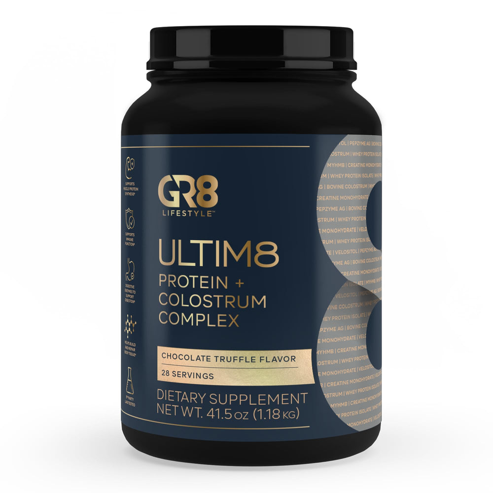 Hero image showing ULTIM8 Protein + Colostrum Complex in chocolate flavor