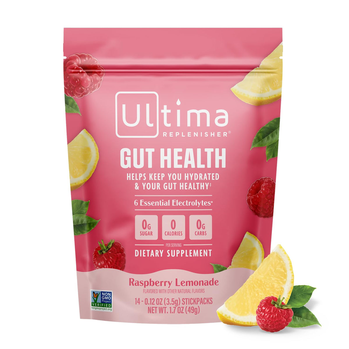 Front view of Ultima Replenisher Raspberry Lemonade 14-stickpack box