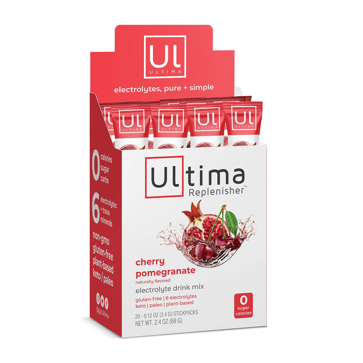 Ultima Replenisher cherry pomegranate bottle showing clean hydration for workouts.