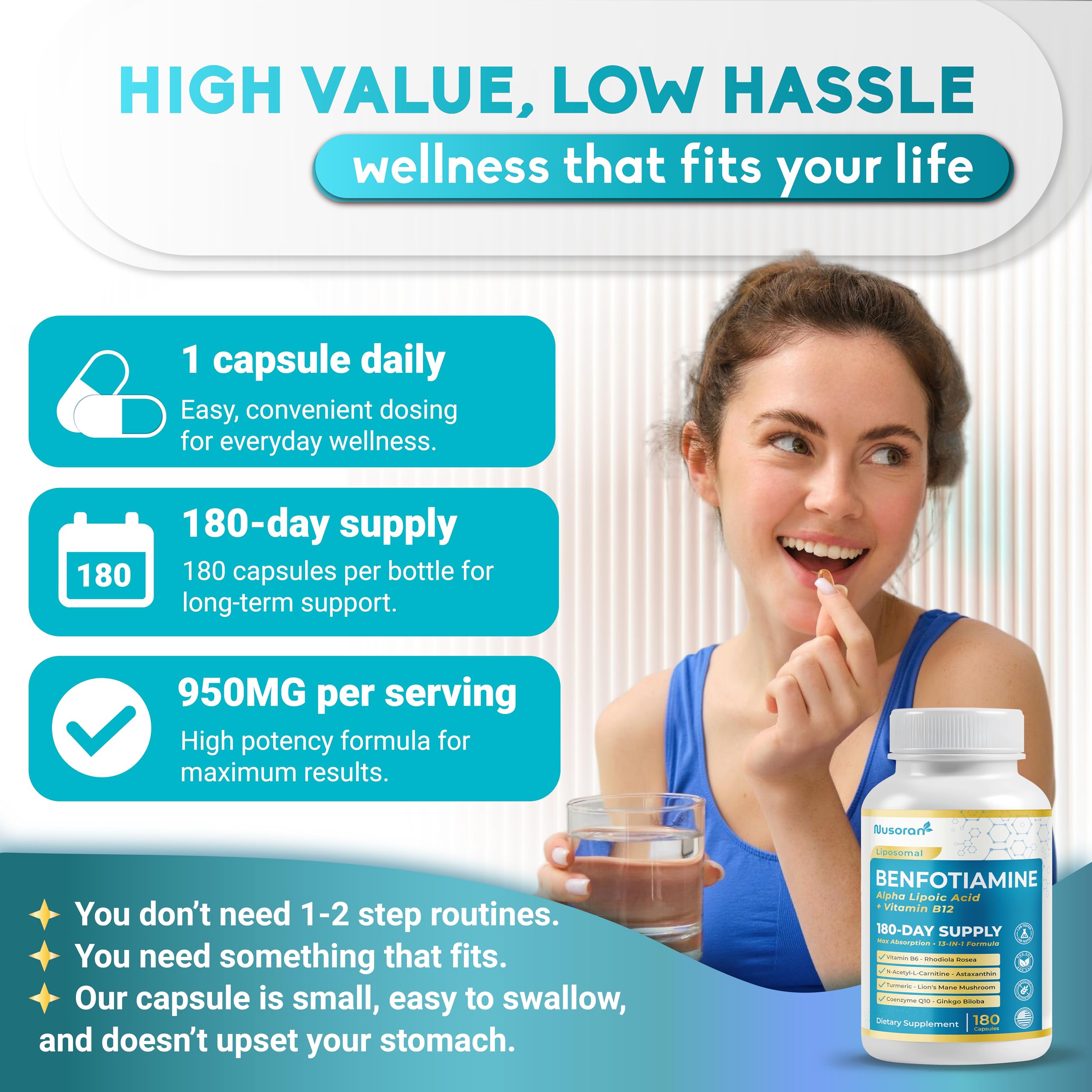 Top-down view of Ultra Benfotiamine bottle and cap