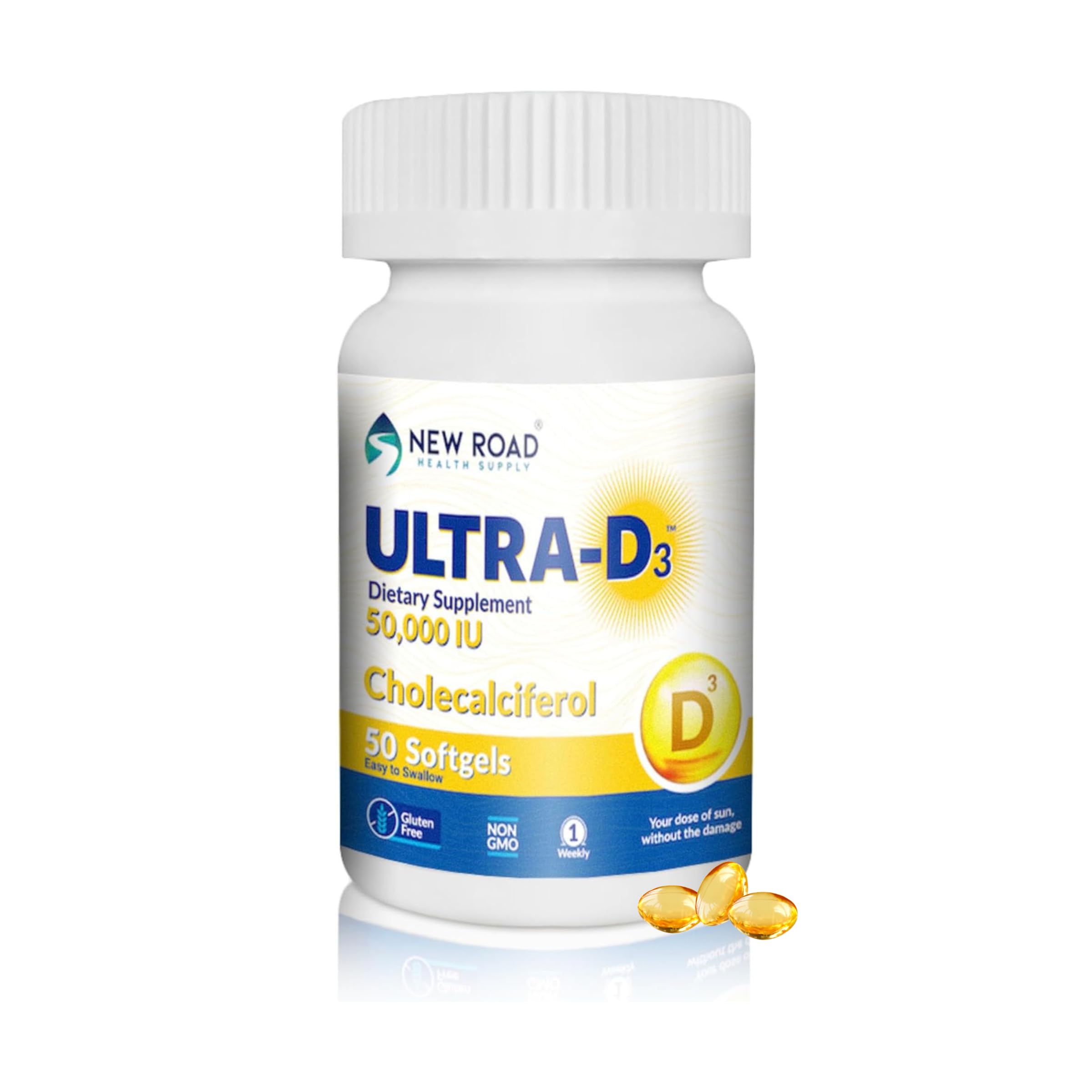 ULTRA-D3 Vitamin D3 50,000 IU softgel weekly dose with built-in tracker on bottle