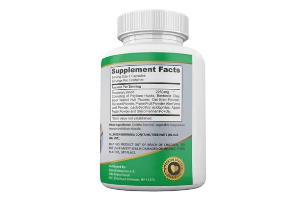 Ingredients including psyllium husks, bentonite clay, and oat bran