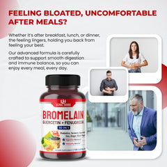 Ingredient lineup featuring Bromelain, Quercetin, Zinc and Probiotics