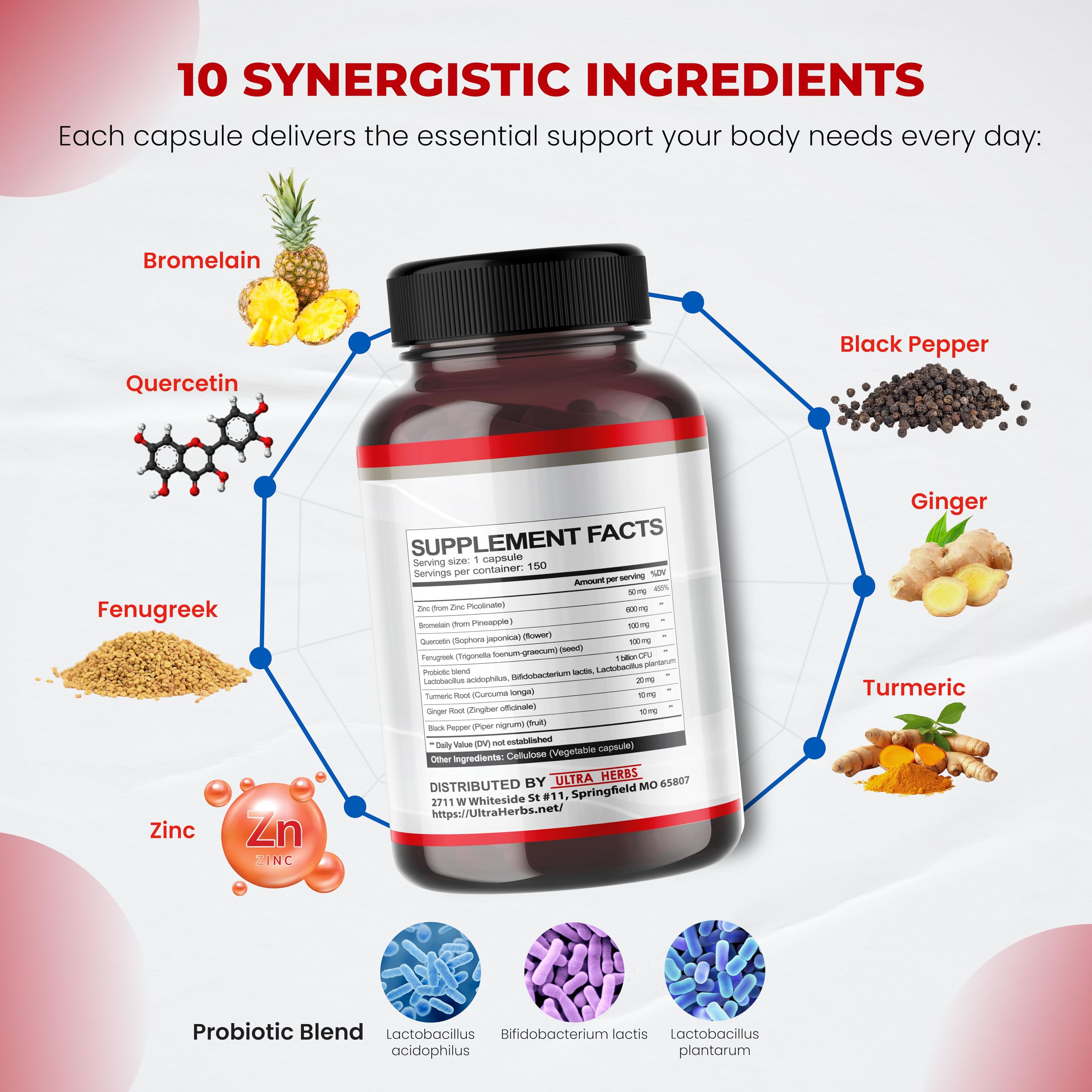 Capsules arranged to show 10-in-1 blend including Turmeric and Ginger