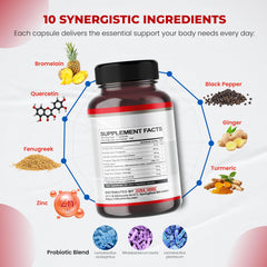 Capsules arranged to show 10-in-1 blend including Turmeric and Ginger