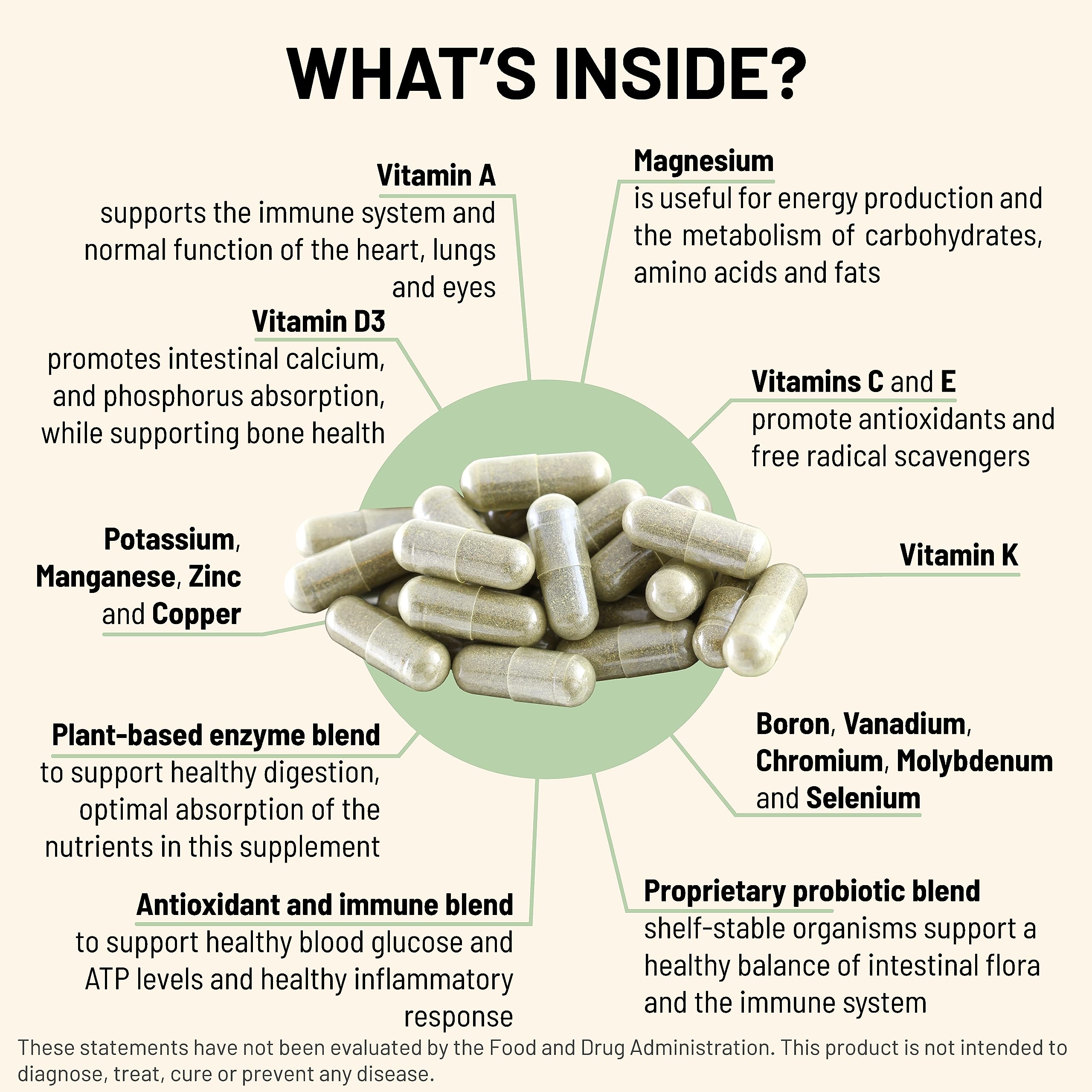 Capsules representing vitamins A, B12, B6, C, D, E and minerals in the supplement