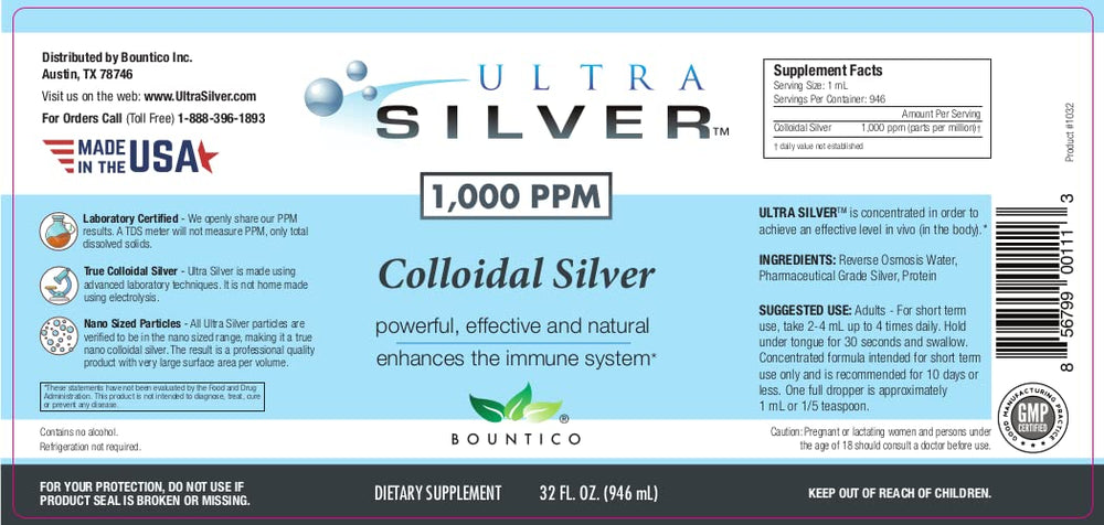Back view of Ultra Silver Colloidal Silver 1,000 PPM 32 oz bottle