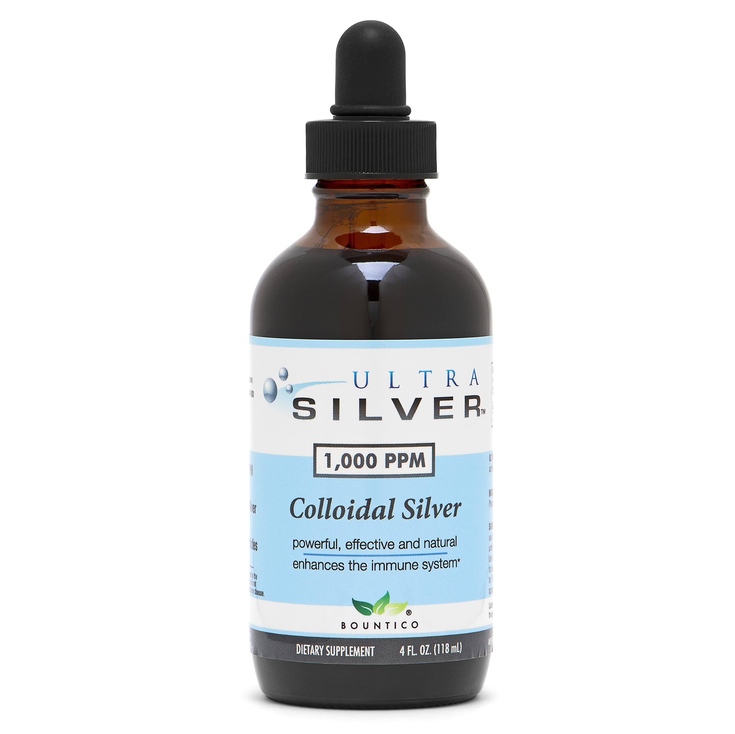 Bottle of Ultra Silver Colloidal Silver with dropper