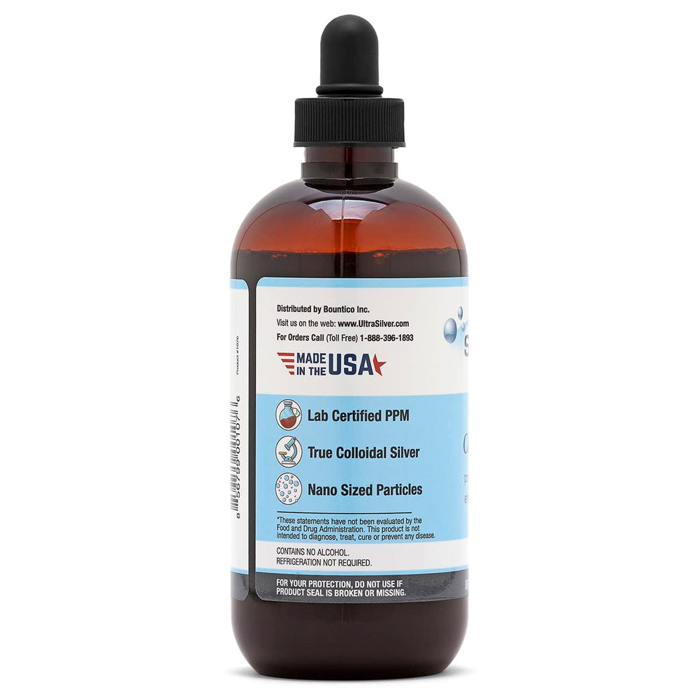 Back label of Ultra Silver Colloidal Silver 8 oz bottle