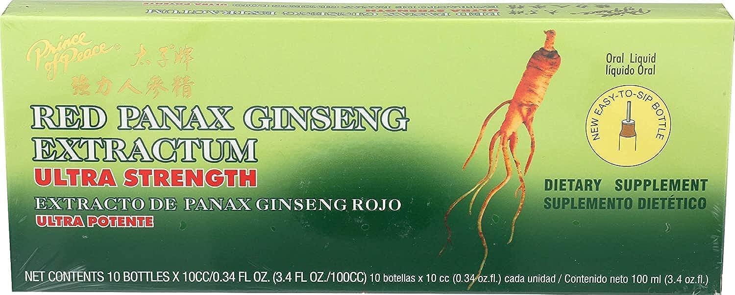 Front view of Prince of Peace Ultra Strength Red Panax Ginseng Extract: 30 bottles per pack, 10cc each, Pack of 3