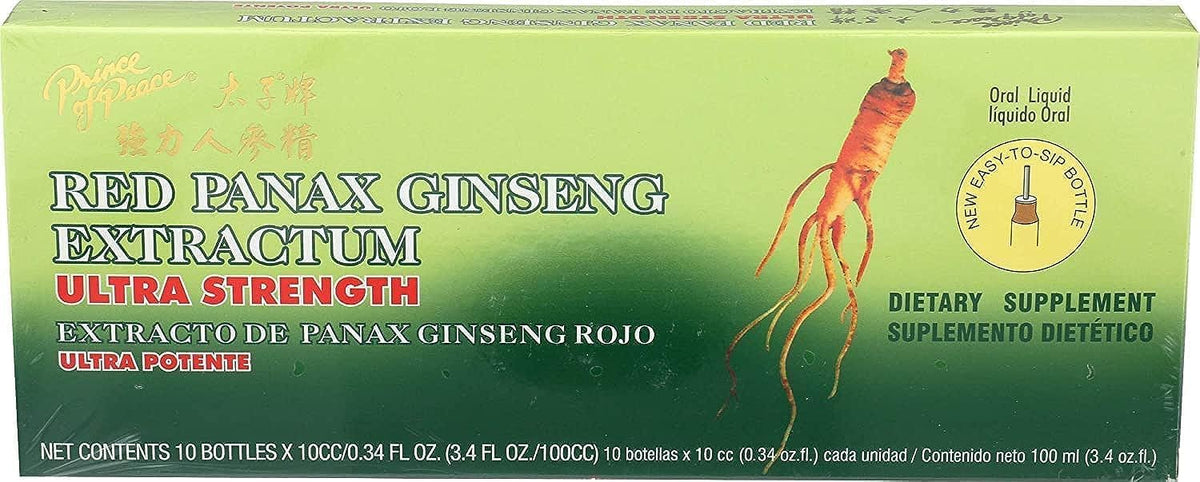 Front view of Prince of Peace Ultra Strength Red Panax Ginseng Extract: 30 bottles per pack, 10cc each, Pack of 3
