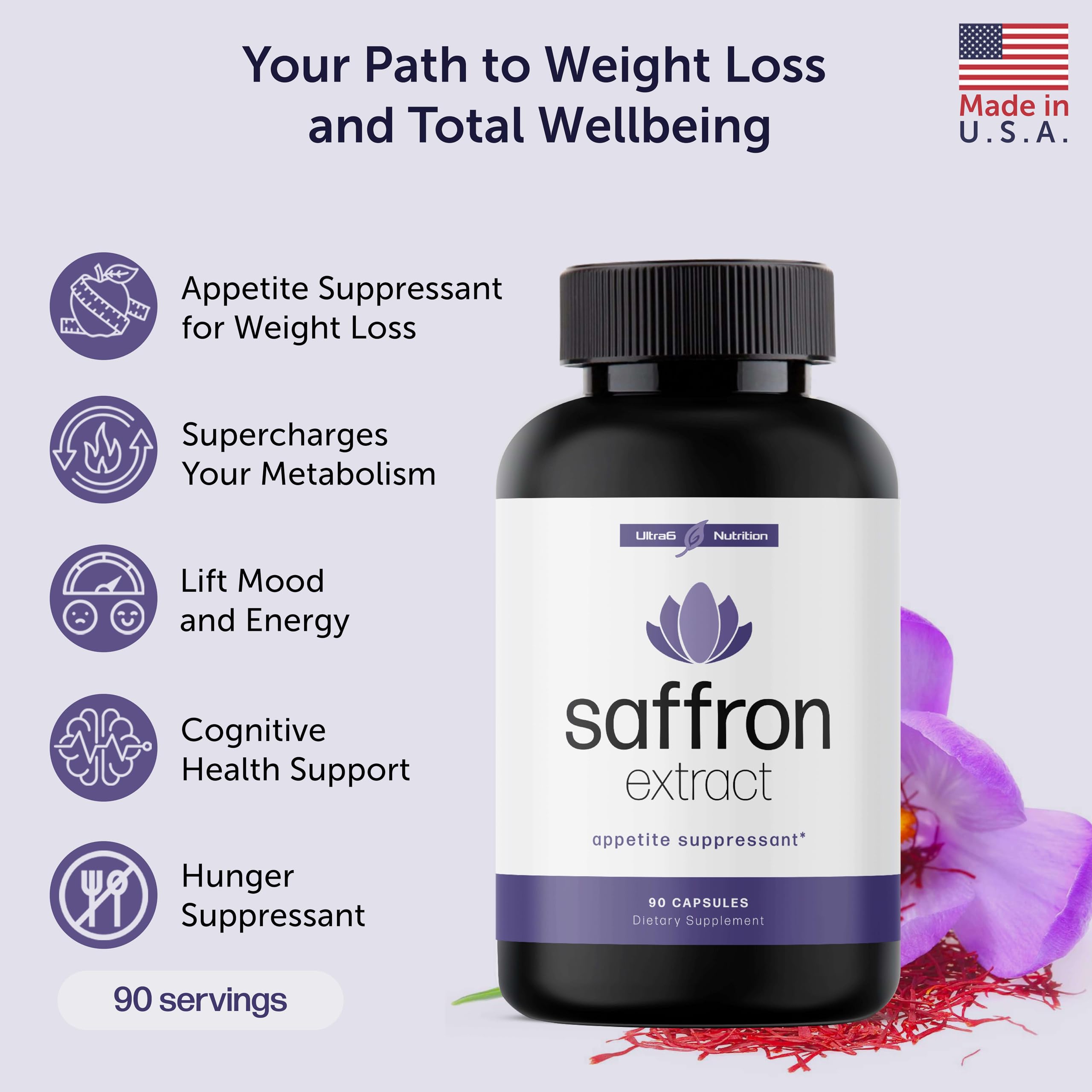 Ultra6 Nutrition Pure Saffron Capsules pack shown for convenient at-home use.