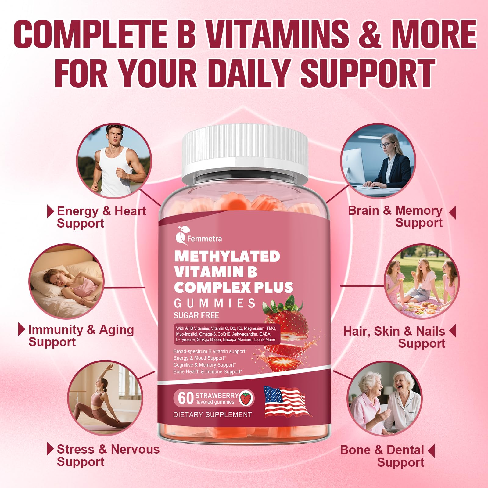 Front view of bottle showing 60 gummies