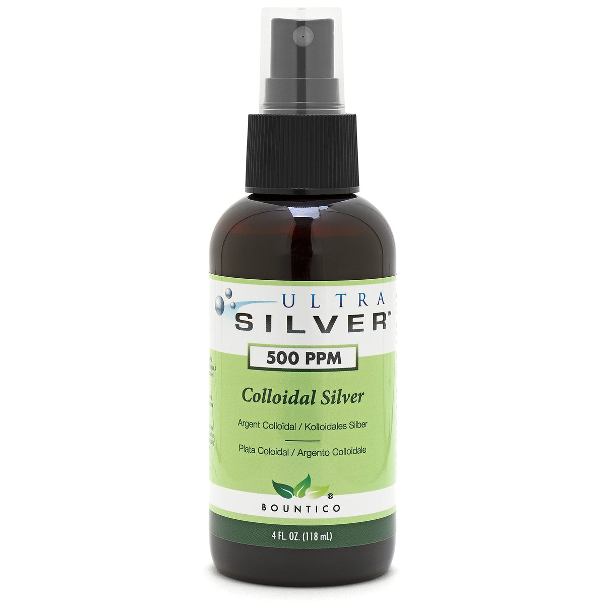 Front view of Ultra Silver Colloidal Silver 4 oz bottle with fine mist spray