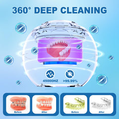 Ultrasonic cleaner showing 3 cleaning modes 5, 8, and 10 minutes