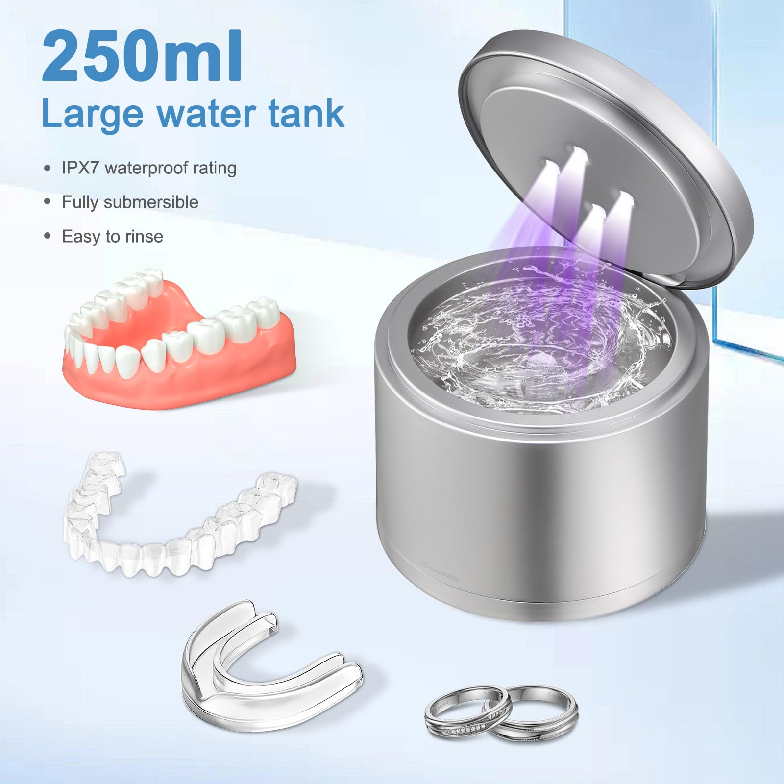 Close-up of 275nm UV lights inside the cleaner
